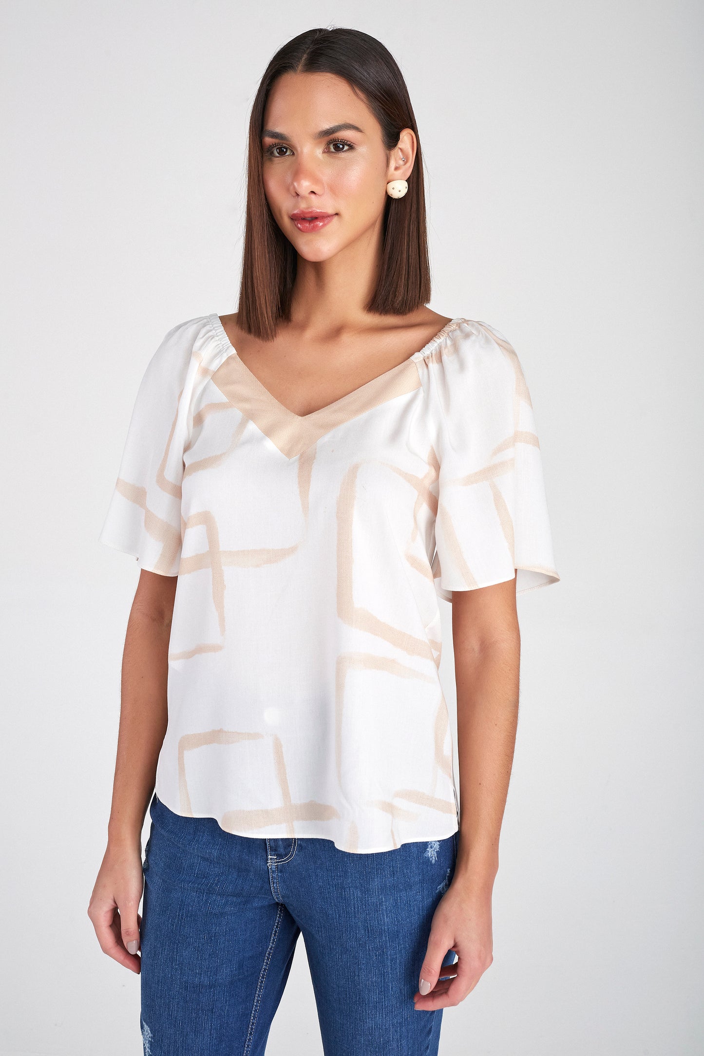 blusa viscose manga curta com mix de tecidos