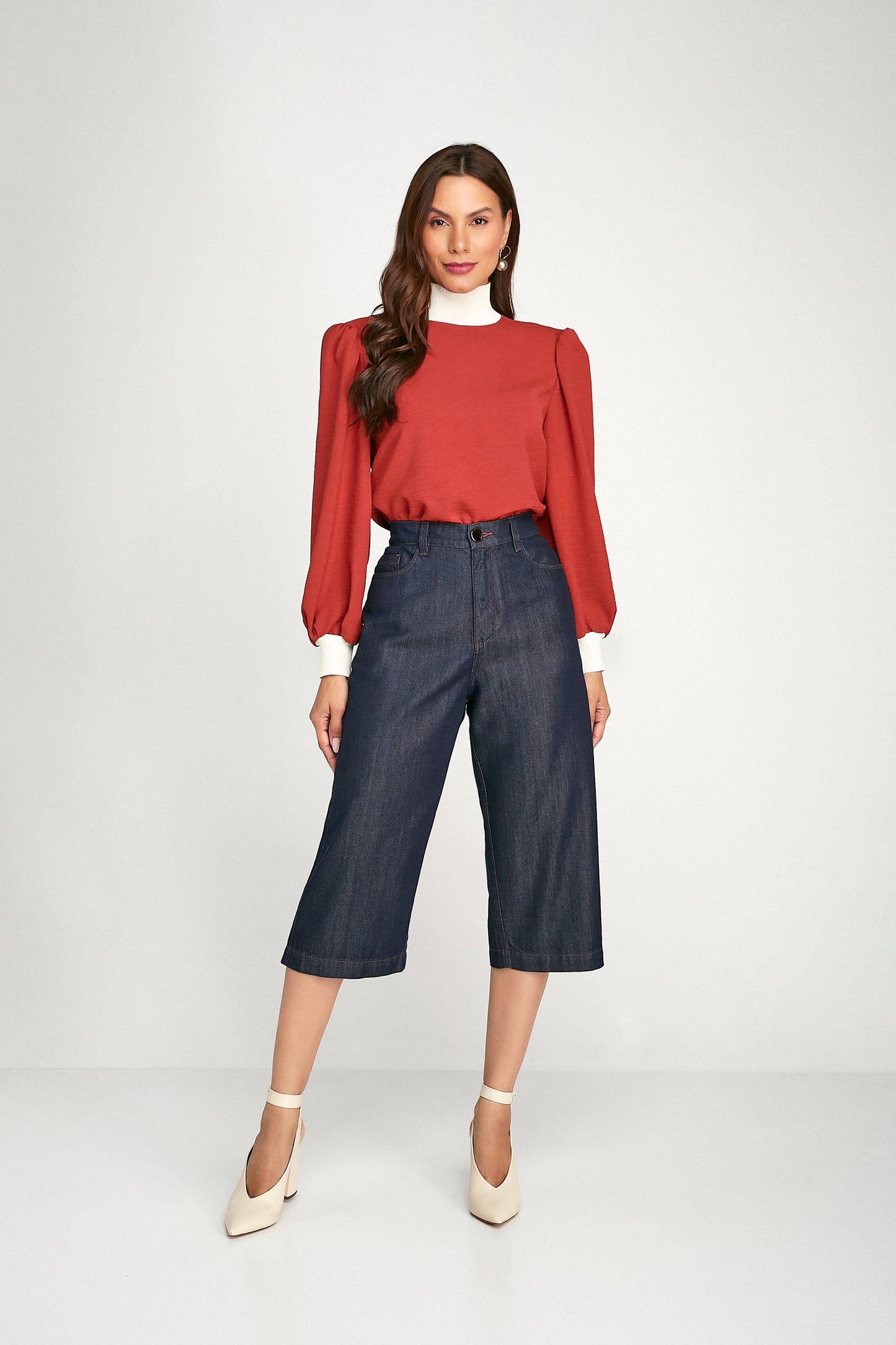 blusa crepe manga longa com tricot