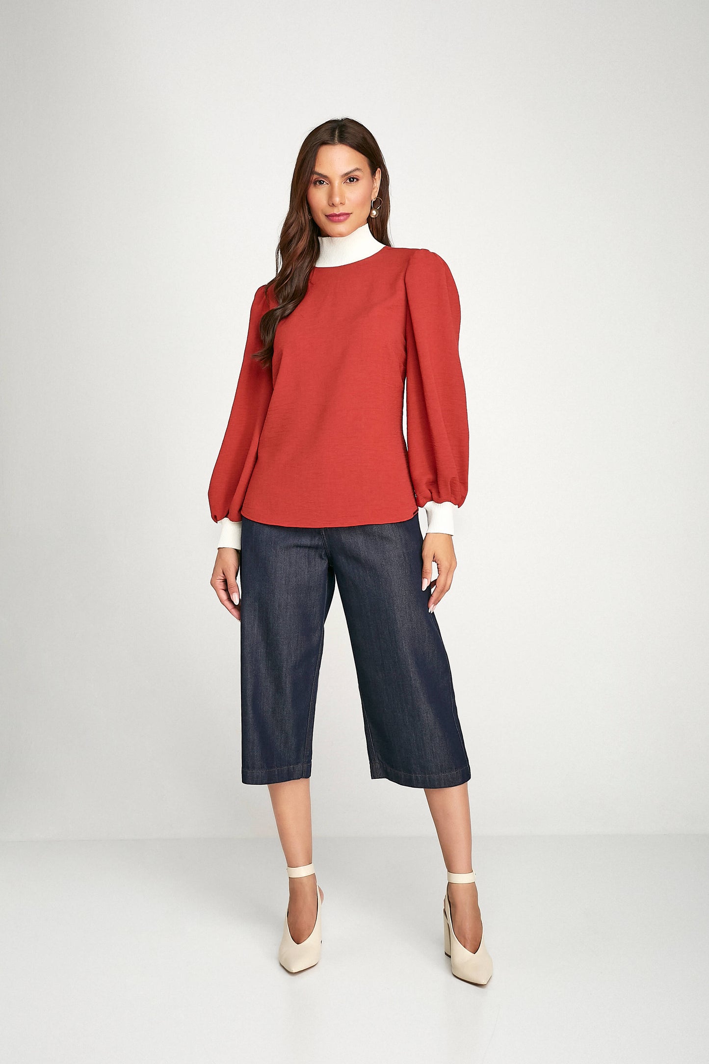 blusa crepe manga longa com tricot