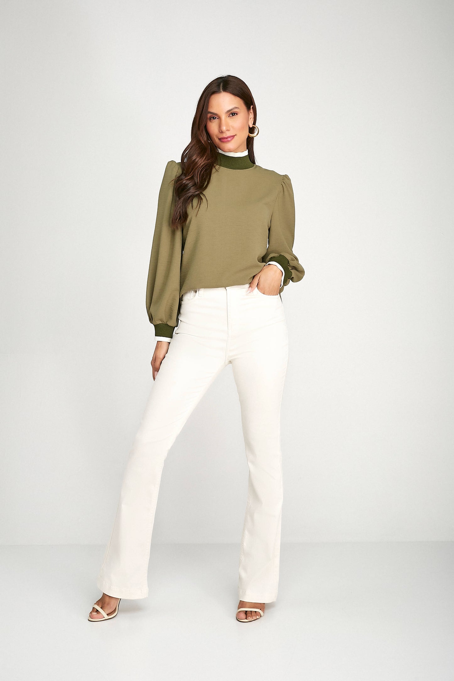 blusa crepe manga longa com tricot