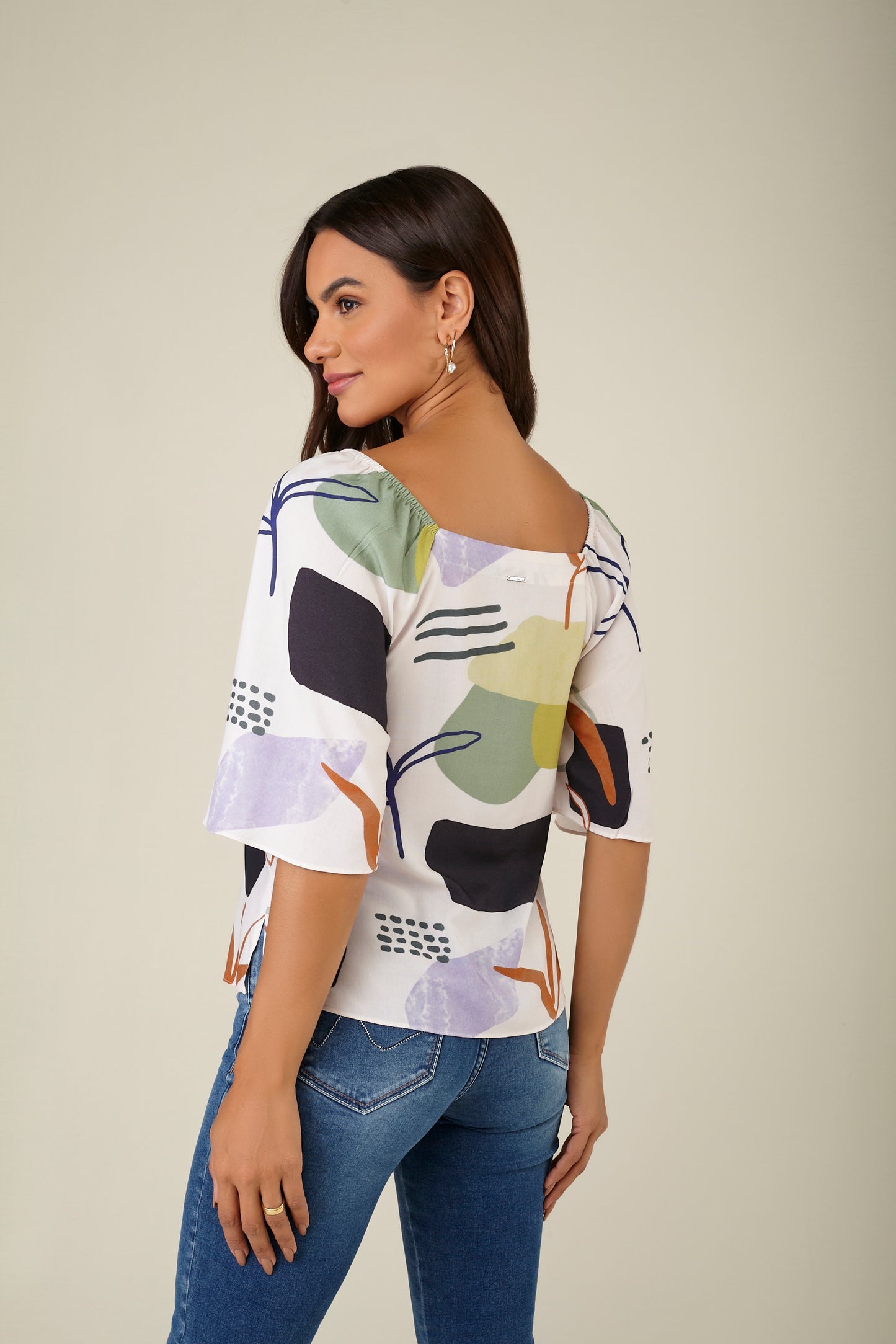 blusa viscose manga curta estampada