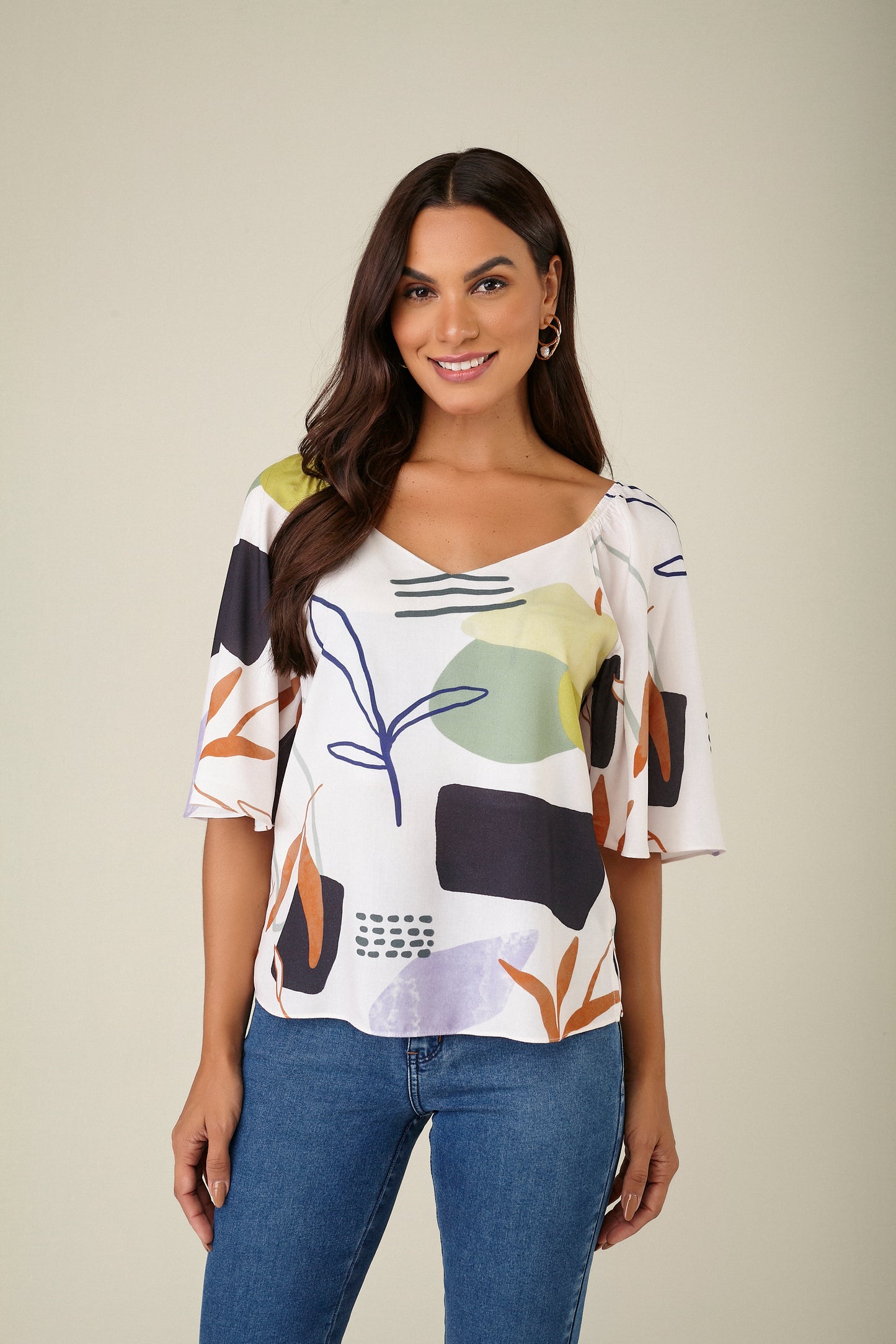 blusa viscose manga curta estampada