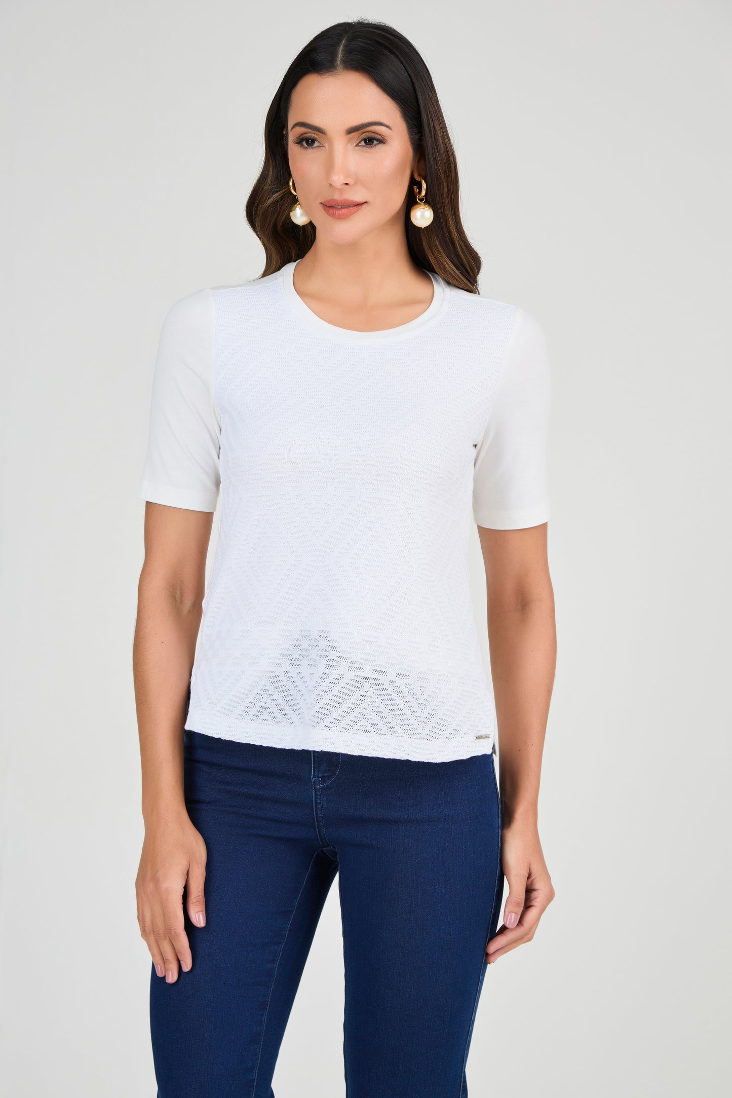 t-shirt malha manga curta com renda