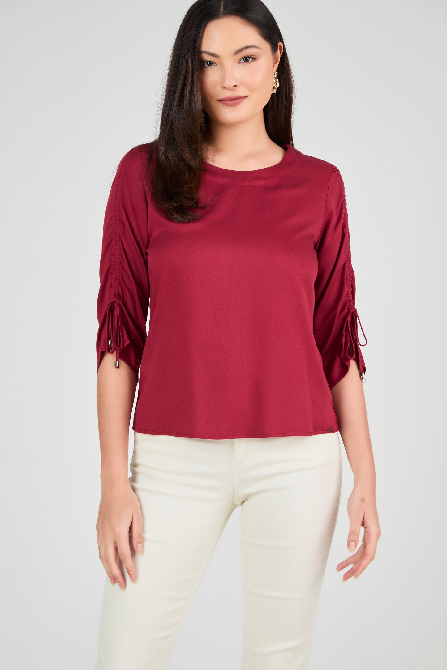 blusa viscose manga 7/8 com detalhe franzido