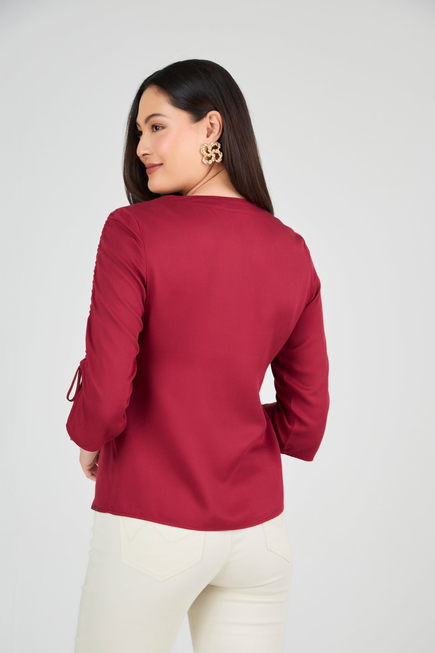 blusa viscose manga 7/8 com detalhe franzido