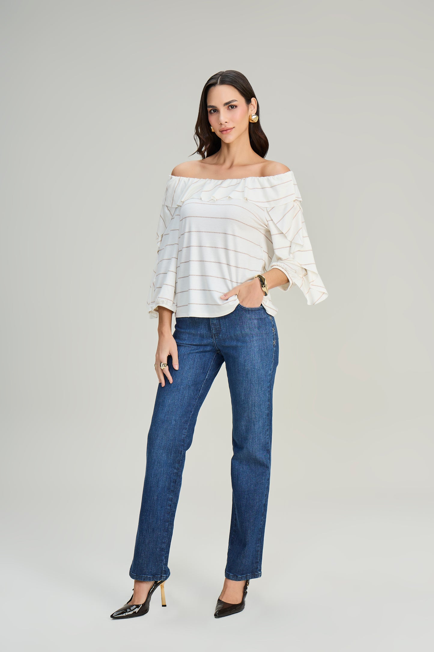 blusa malha manga 3/4 listrada com babados
