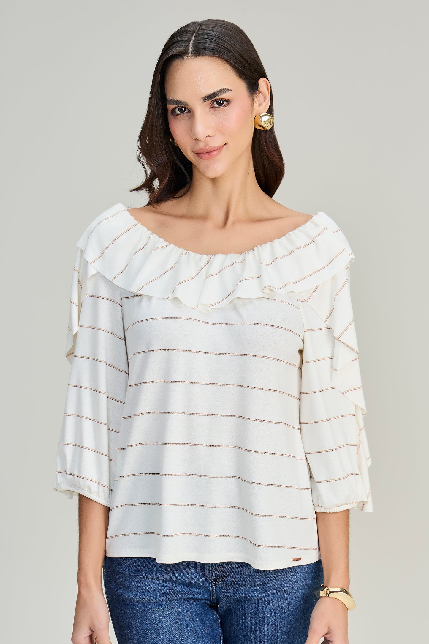 blusa malha manga 3/4 listrada com babados