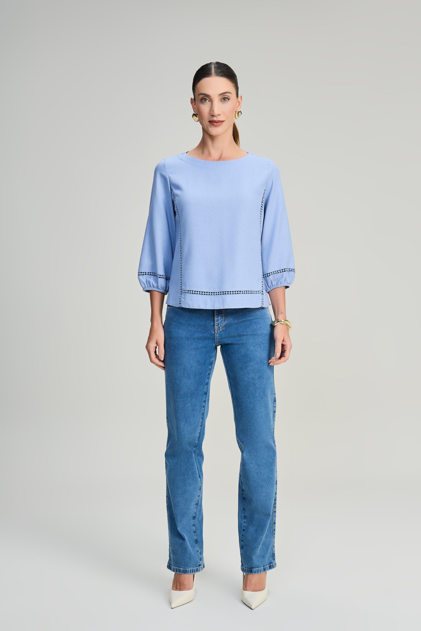 blusa viscose manga 7/8 com entremeio