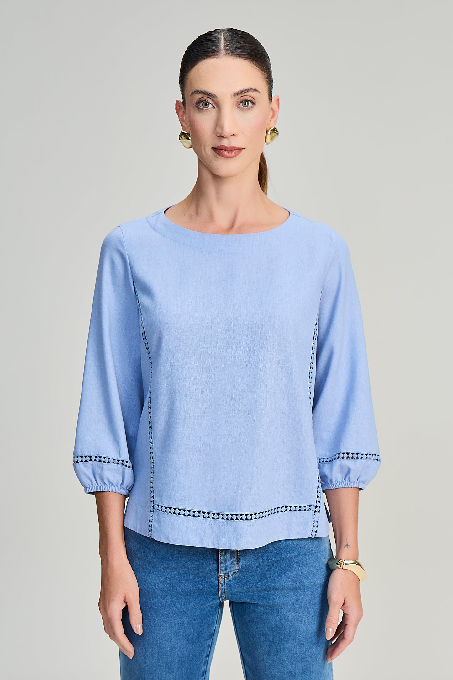 blusa viscose manga 7/8 com entremeio