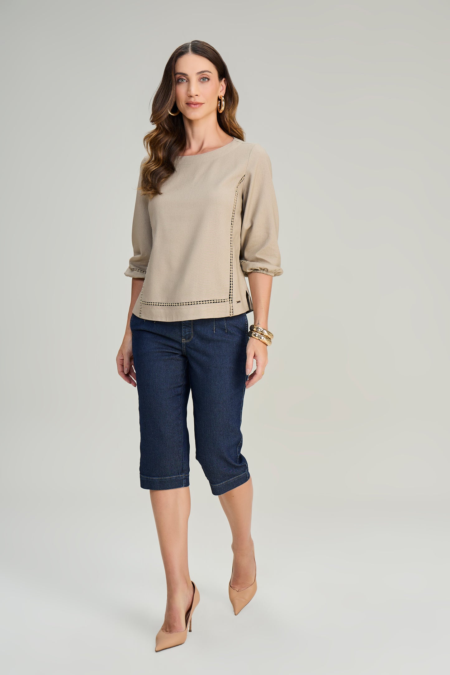 blusa viscose manga 7/8 com entremeio