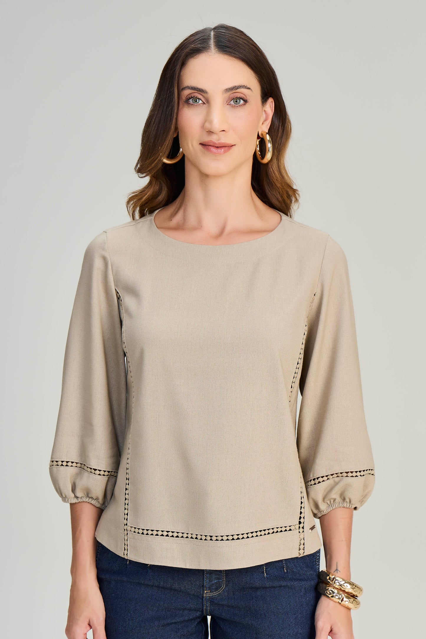 blusa viscose manga 7/8 com entremeio