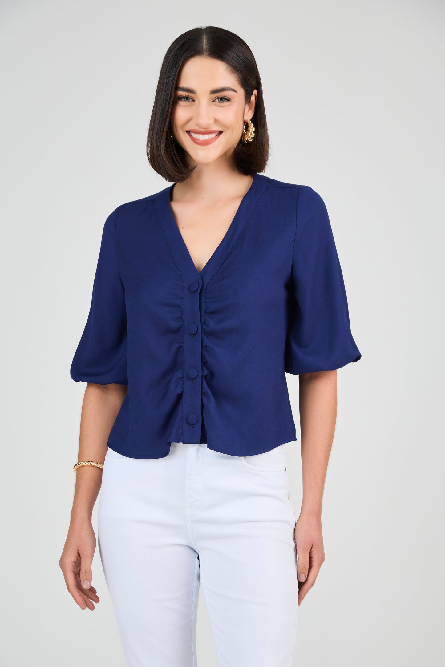 blusa viscose mangas 3/4 com detalhe franzido