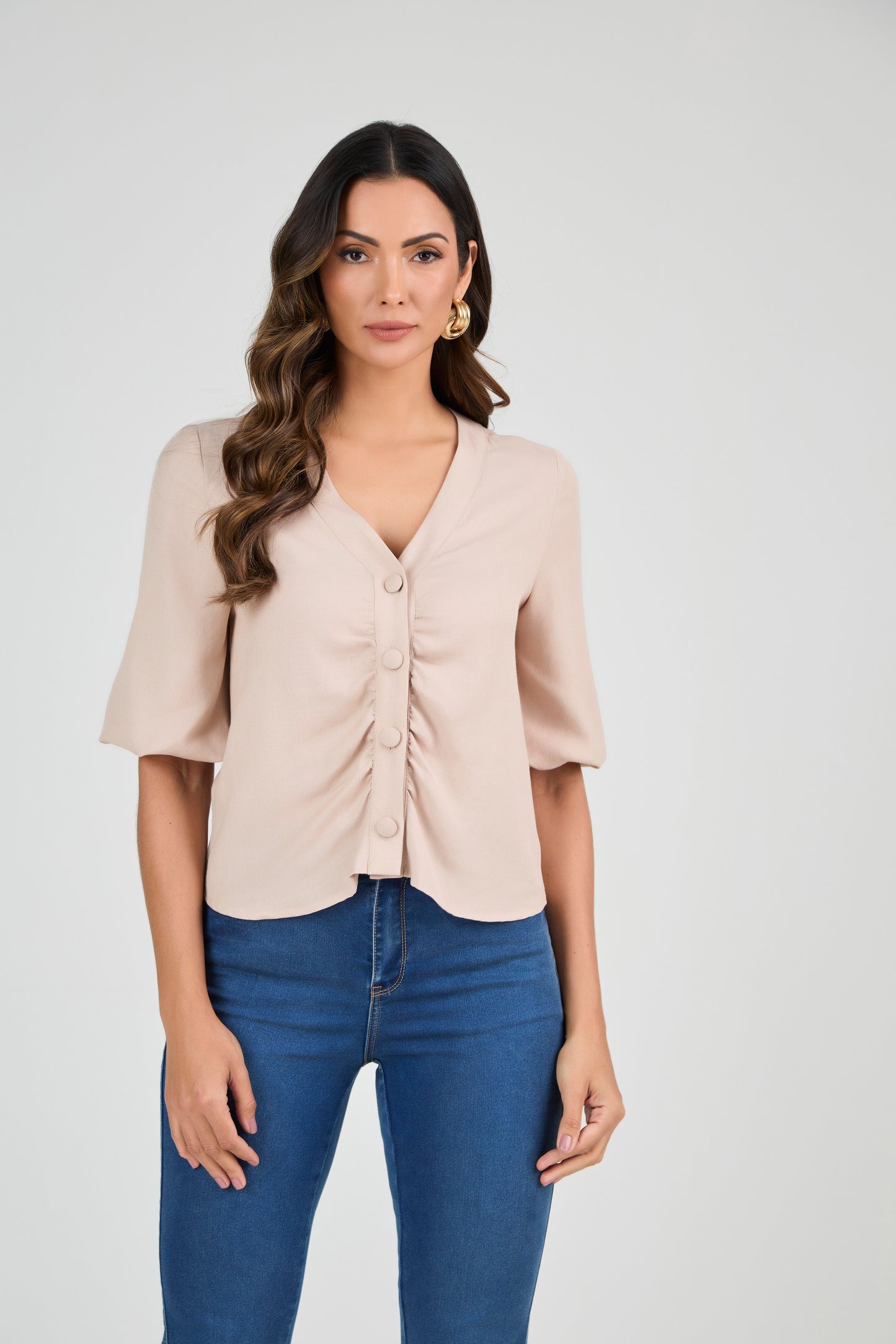 blusa viscose mangas 3/4 com detalhe franzido