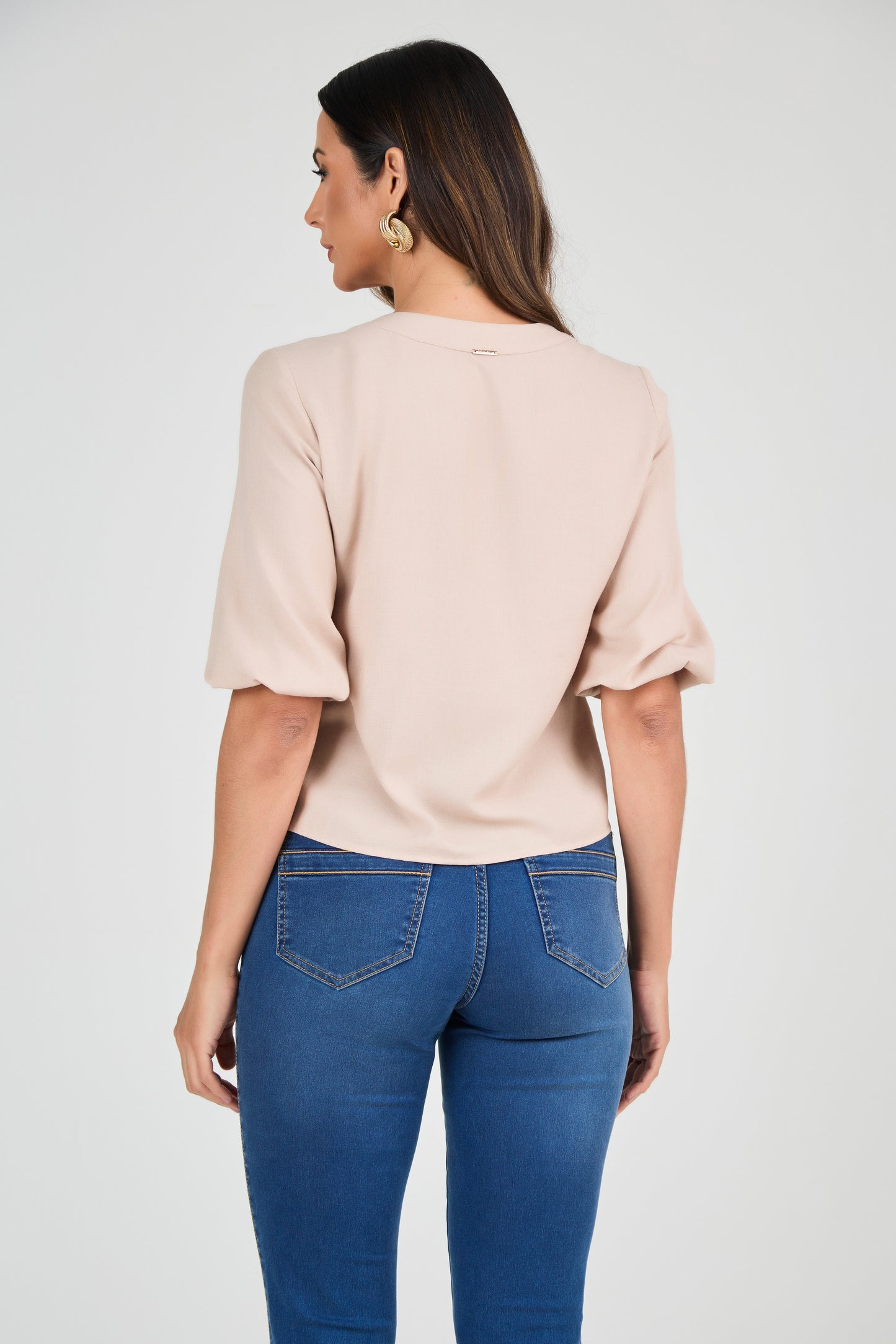 blusa viscose mangas 3/4 com detalhe franzido