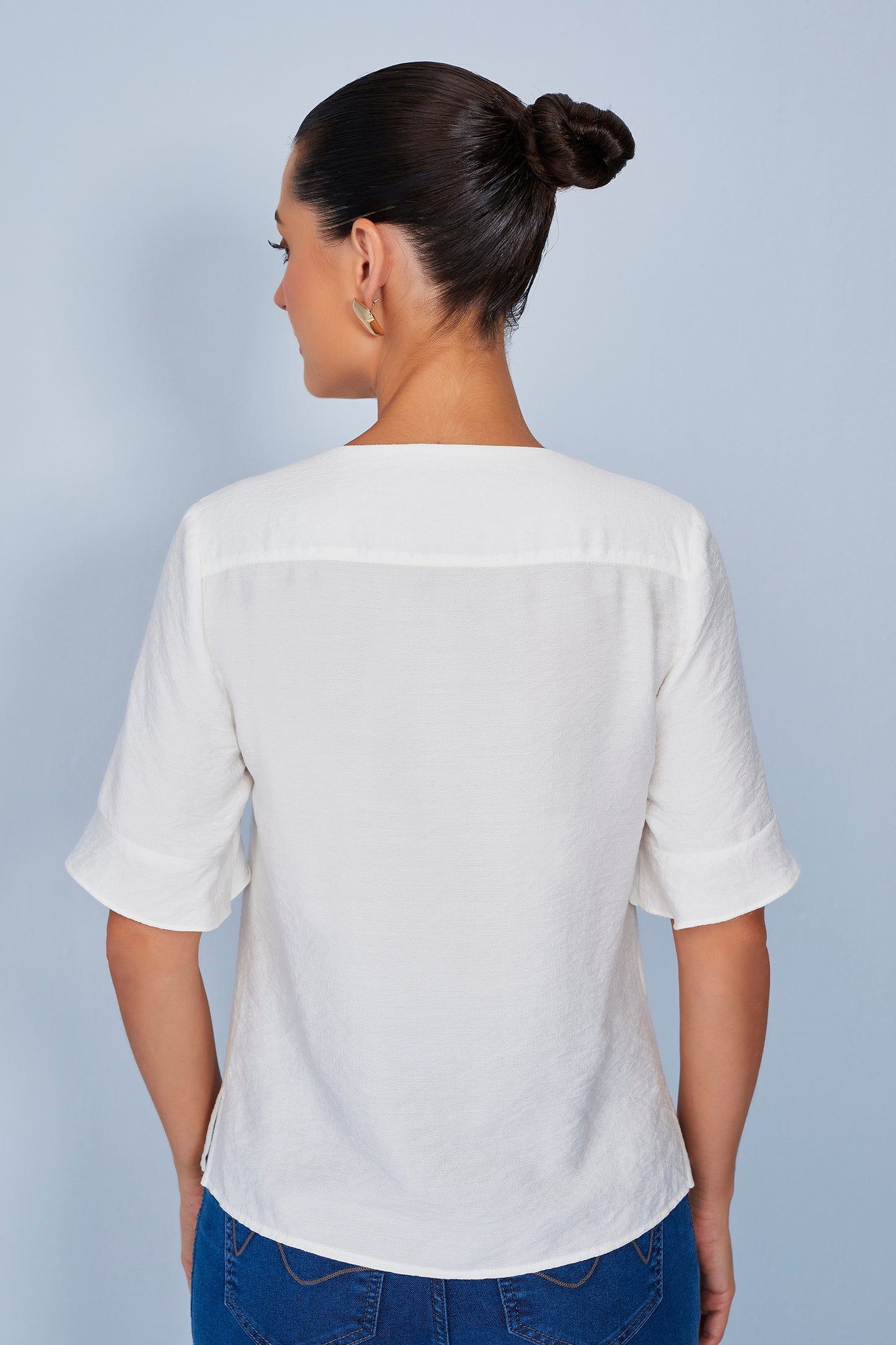 blusa viscose manga curta decote v com franzidos