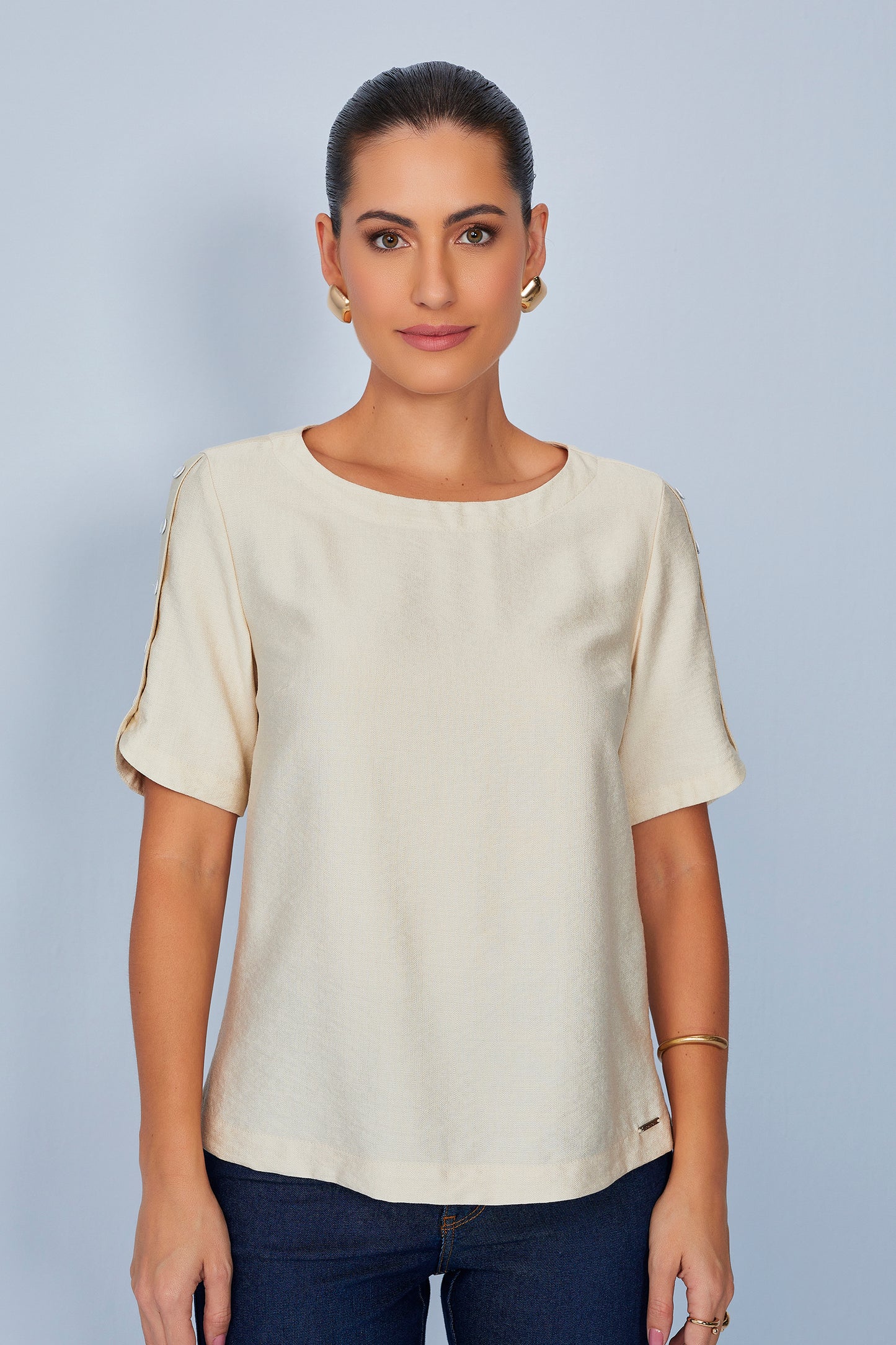 blusa viscose manga curta transpassada com botões