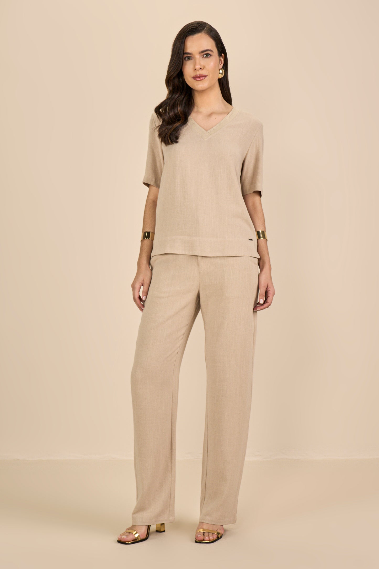 blusa viscose manga curta decote v com tricot