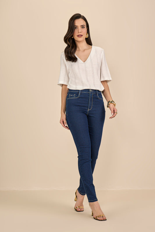 blusa viscose manga curta listrada com abertura