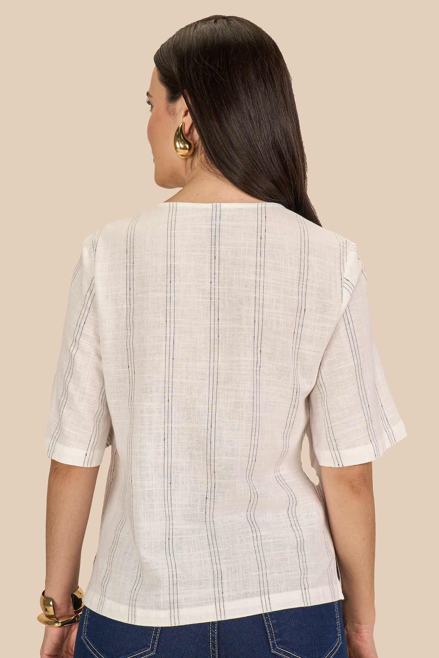 blusa viscose manga curta listrada com abertura