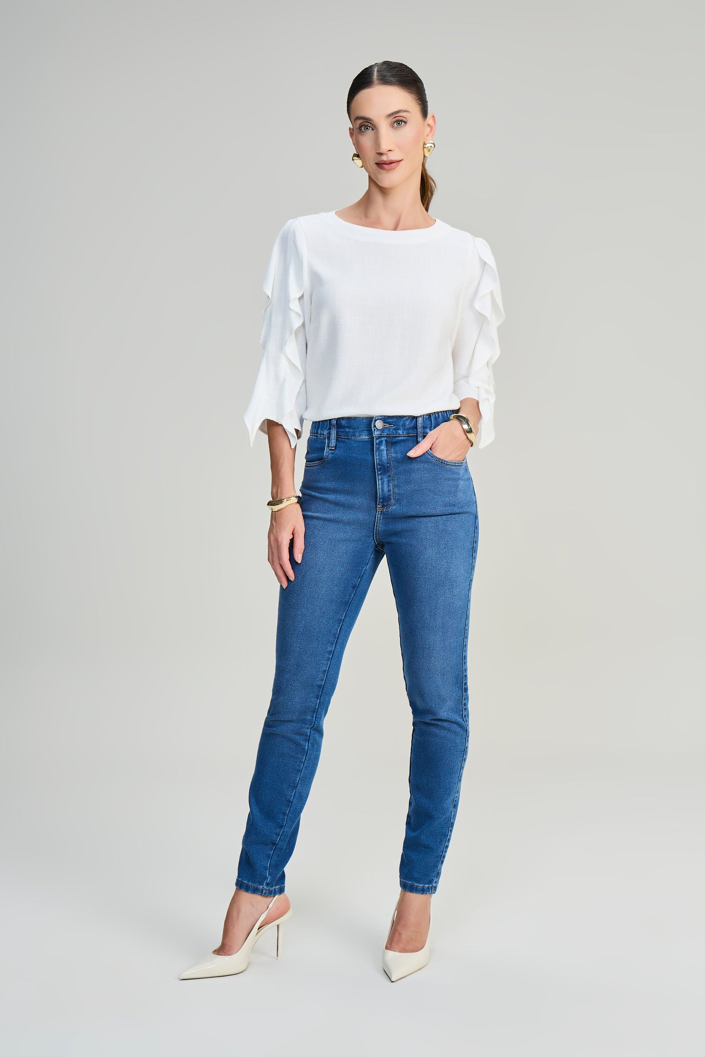 blusa viscose manga 3/4 com babado