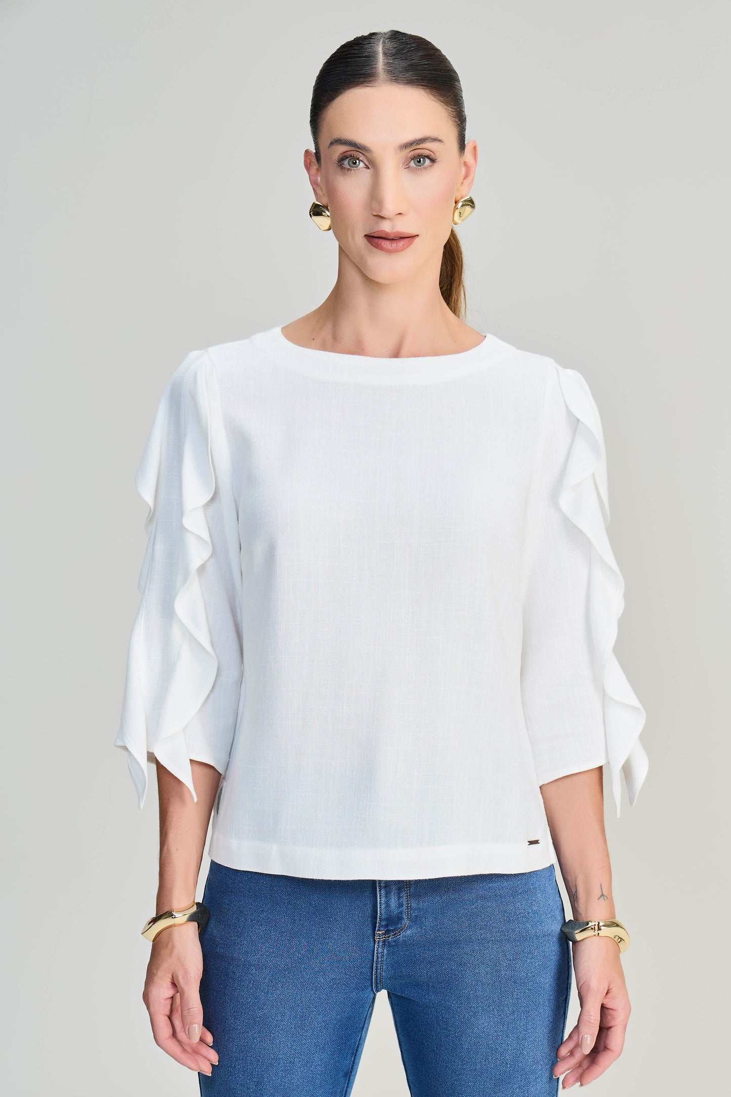 blusa viscose manga 3/4 com babado