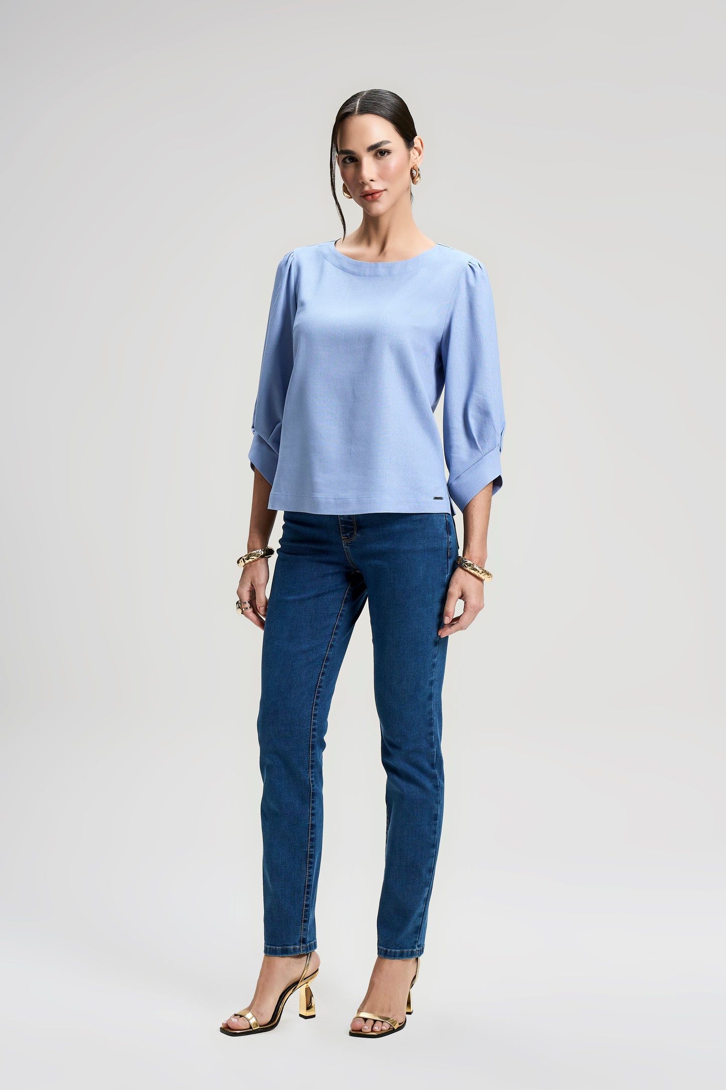 blusa viscose manga 3/4 com pregas