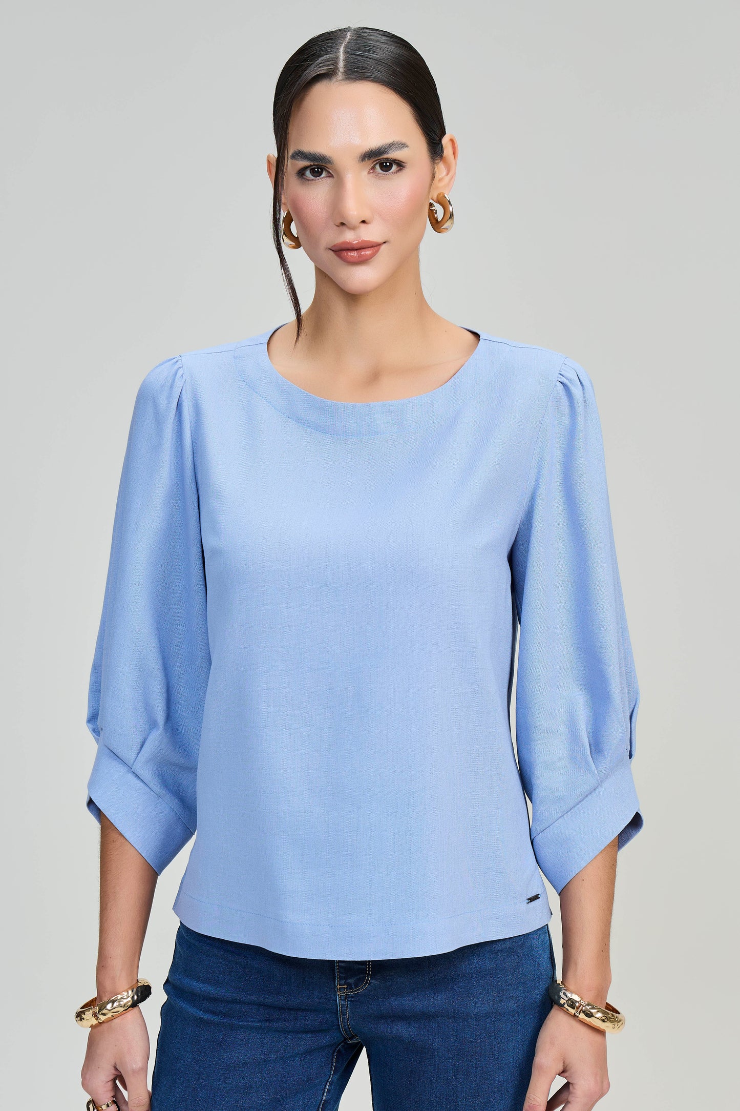 blusa viscose manga 3/4 com pregas