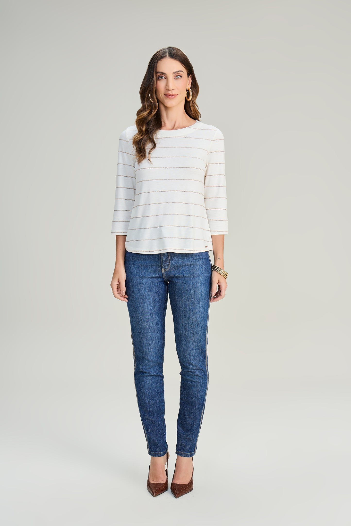 blusa malha manga 3/4 com detalhe lurex
