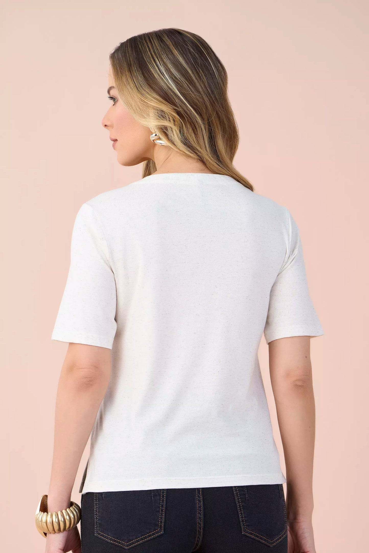 t-shirt malha manga curta estampada folhagem