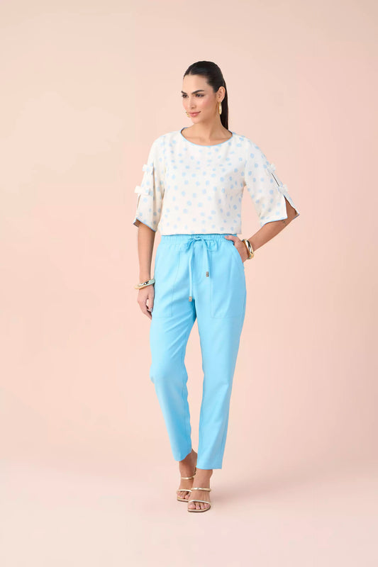 blusa viscose manga 3/4 com laços estampa poá