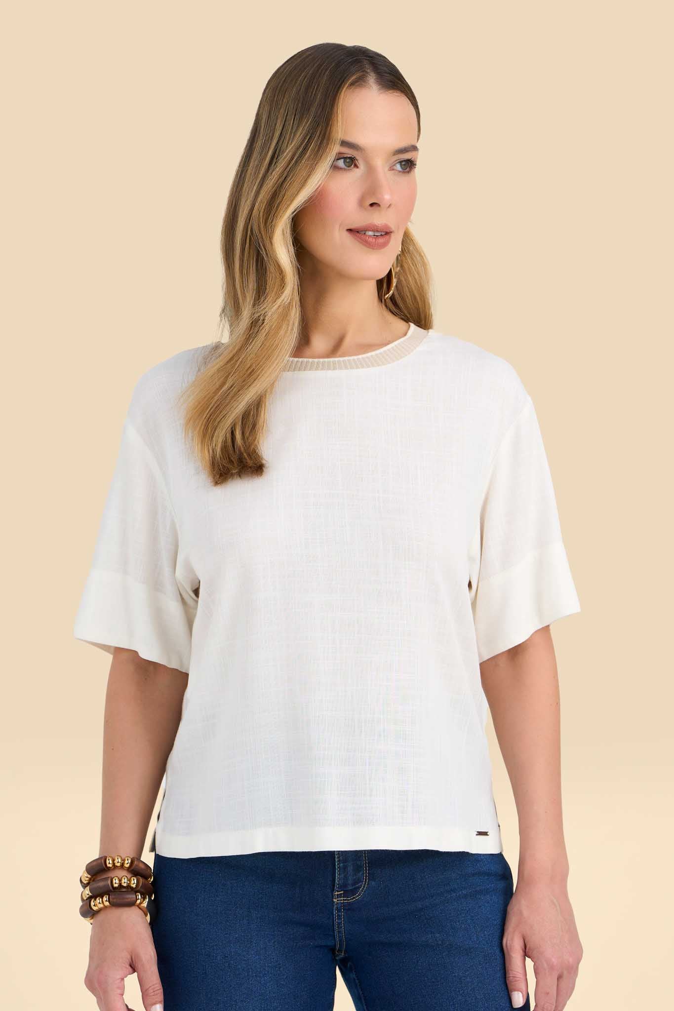 blusa viscose manga curta com tricot