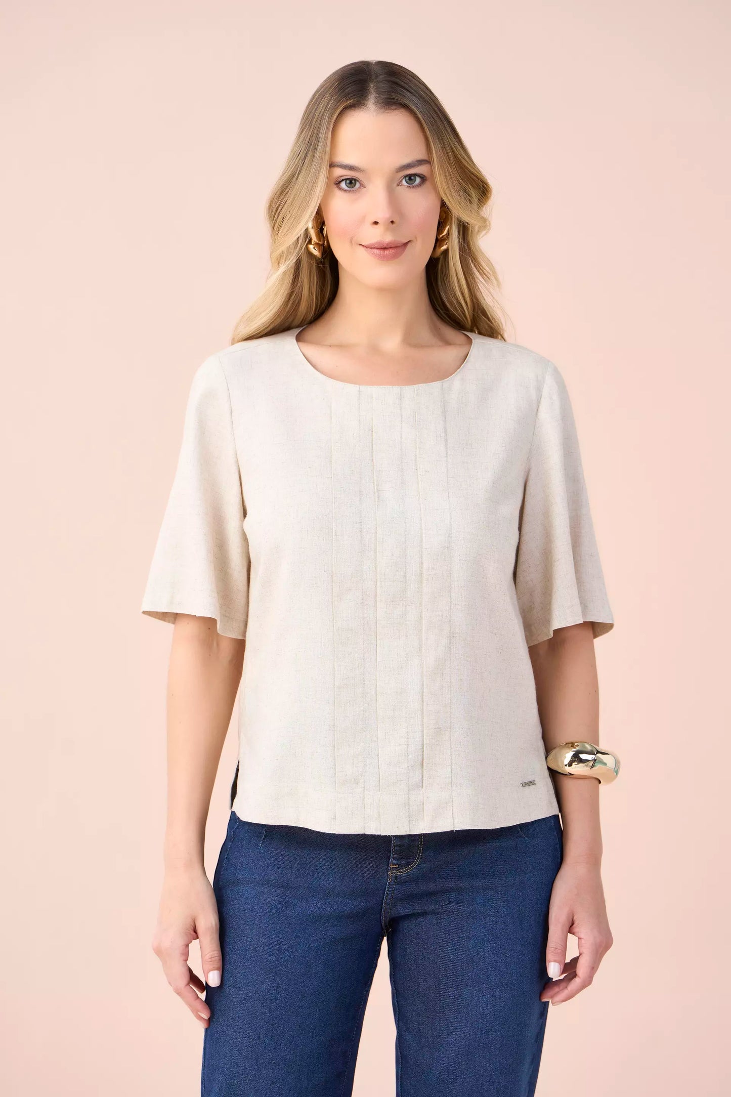 blusa viscose manga curta com pregas