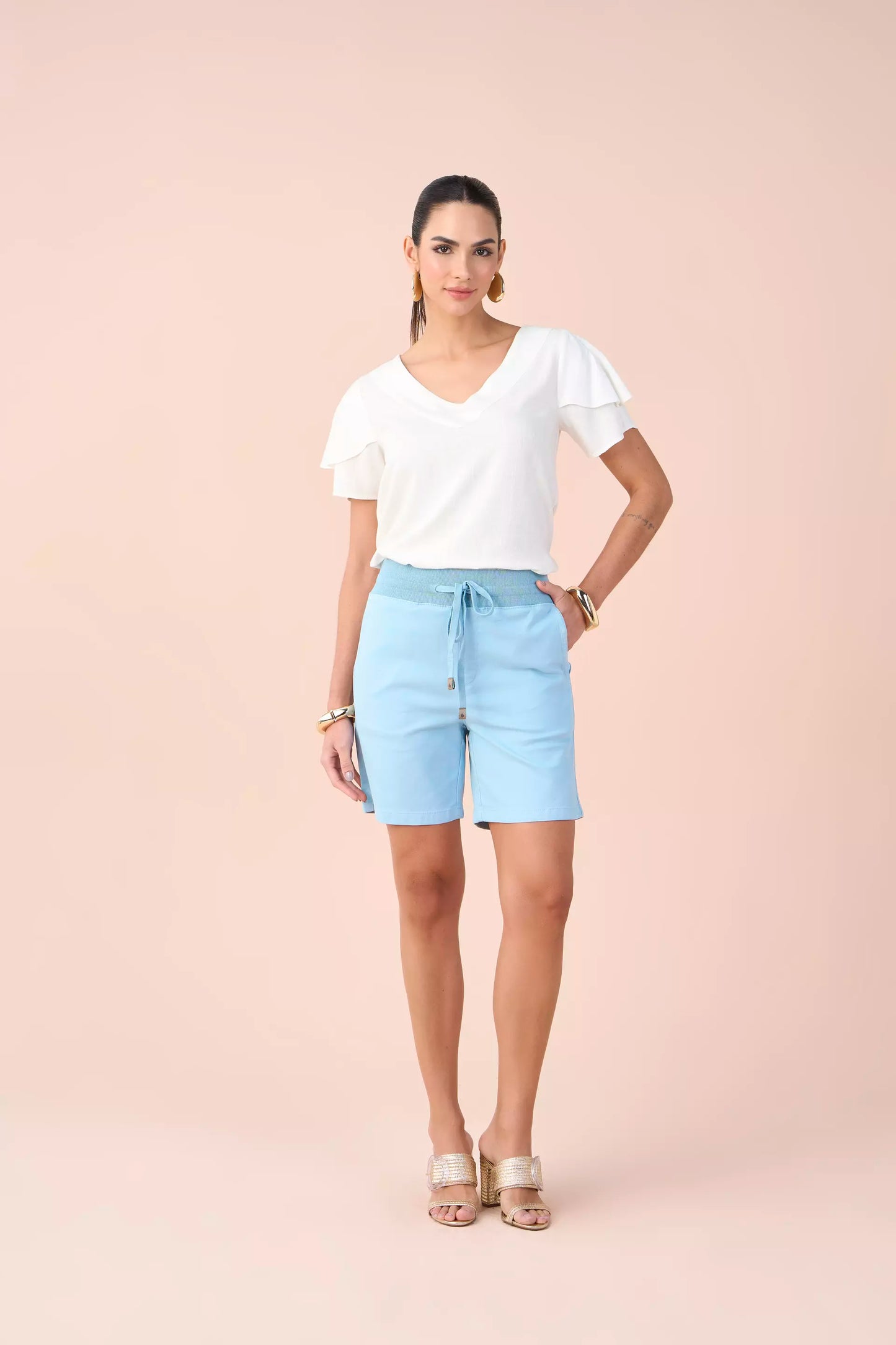 blusa viscose manga curta com babados e cristais