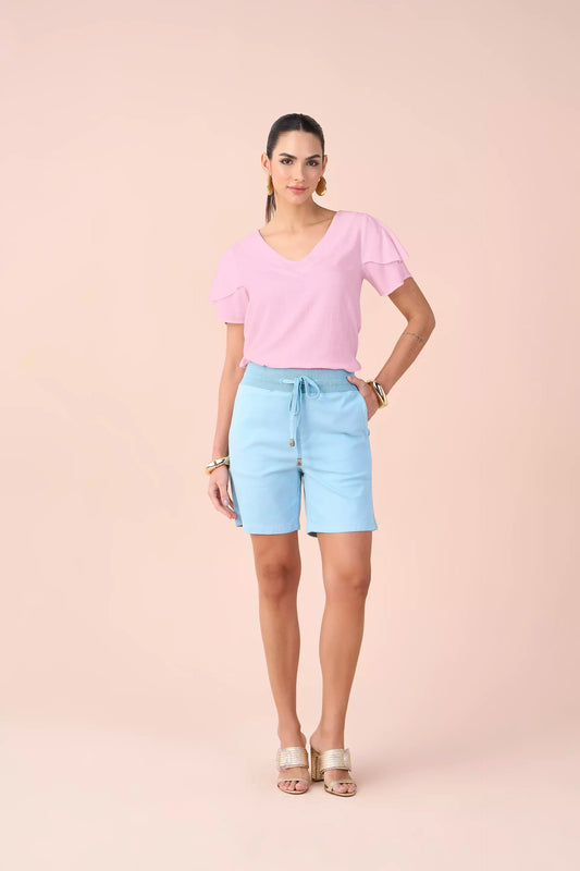 blusa viscose manga curta com babados e cristais