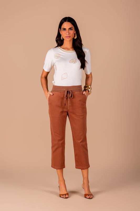 t-shirt malha manga curta estampada com tricot