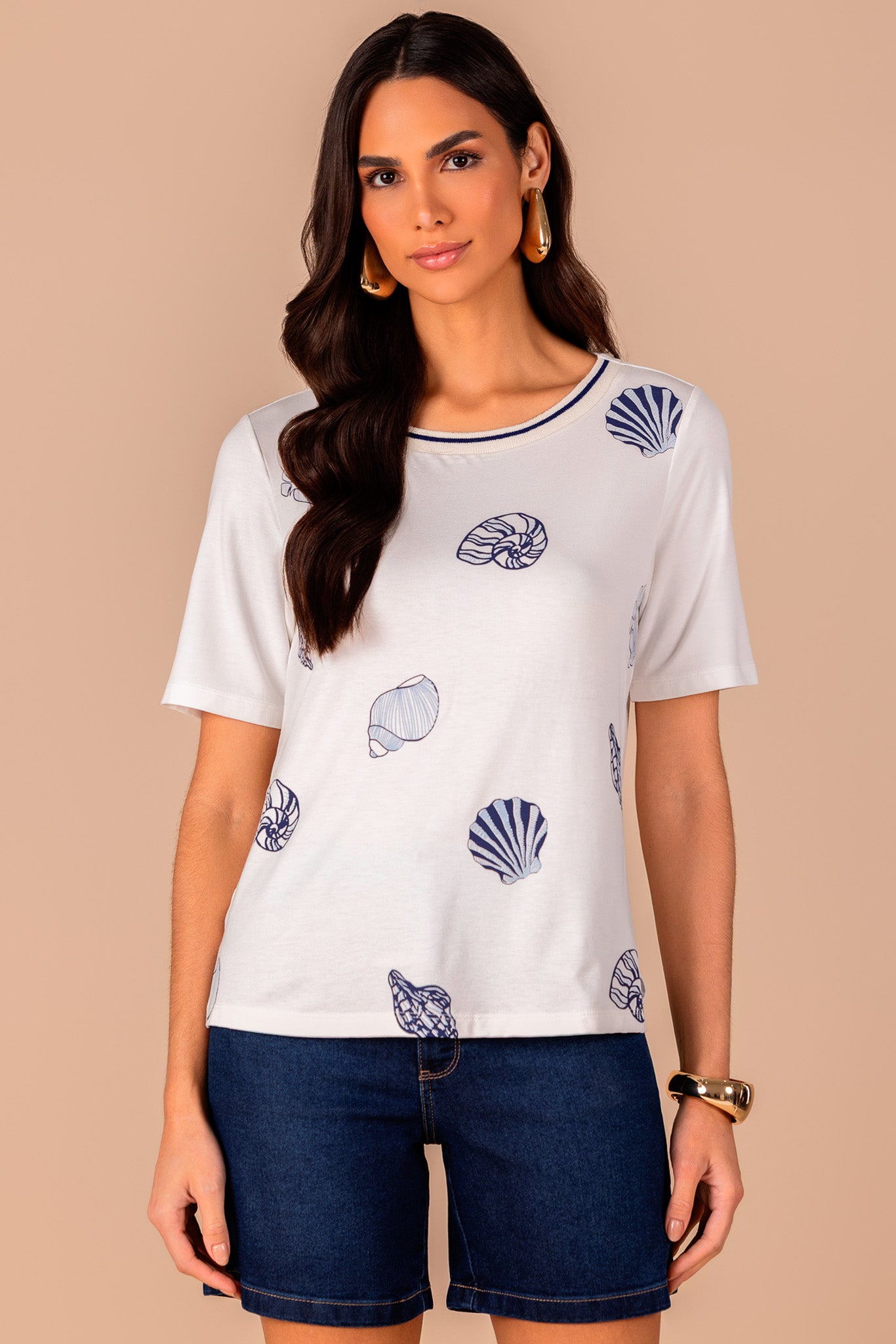 t-shirt malha manga curta estampada com tricot