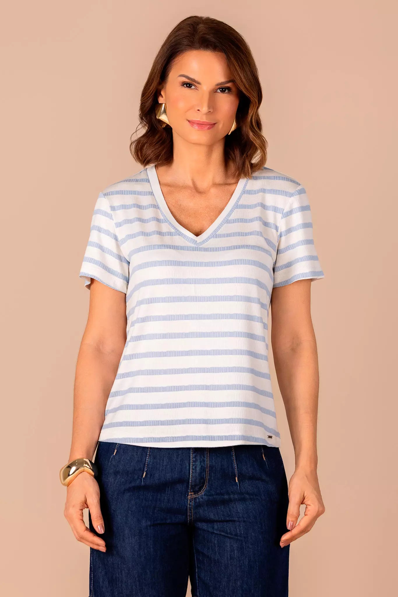 blusa malha manga curta decote v listrada