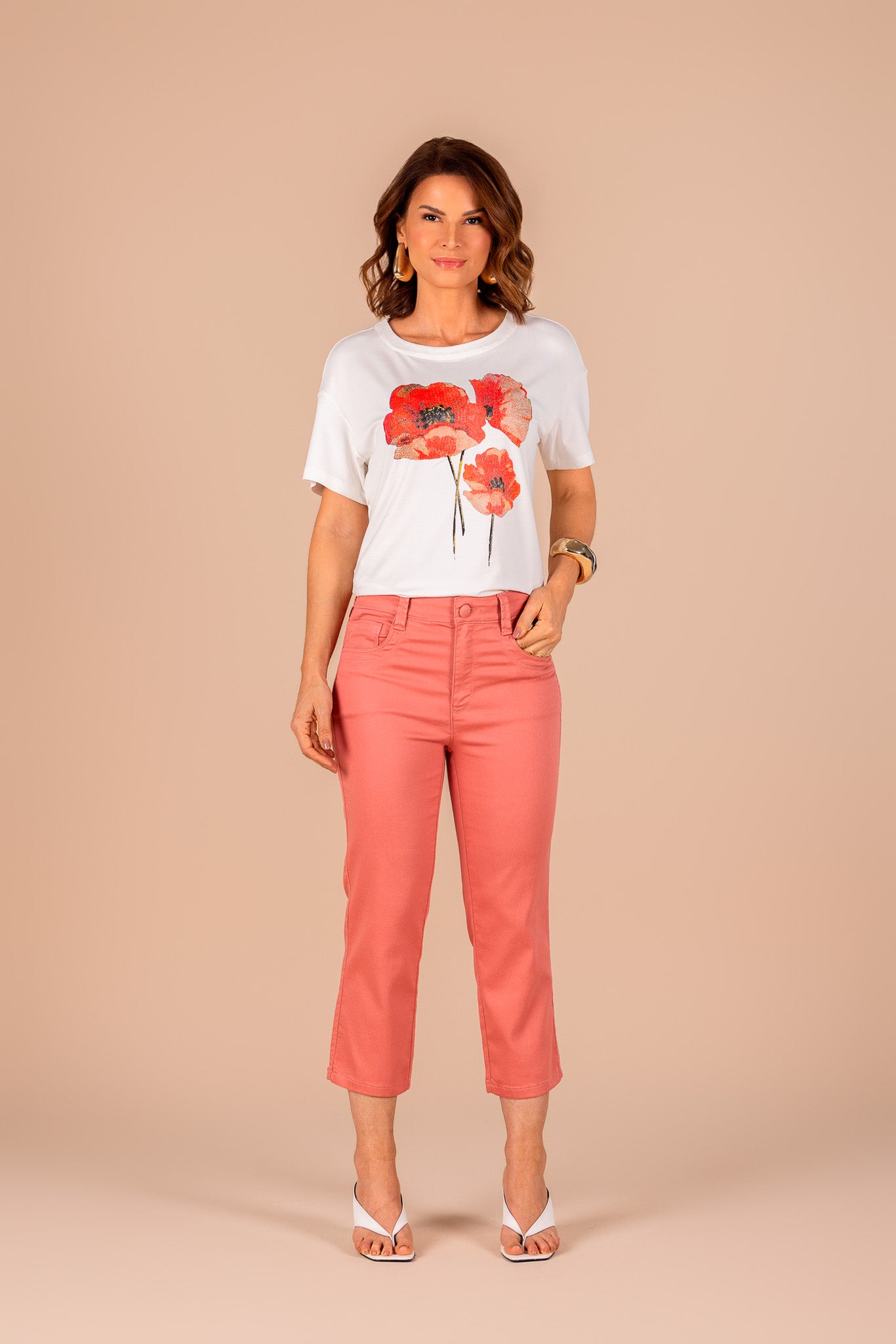 t-shirt malha manga curta estampada flor