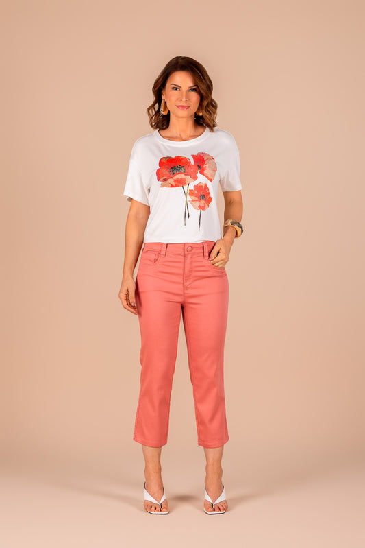 t-shirt malha manga curta estampada flor