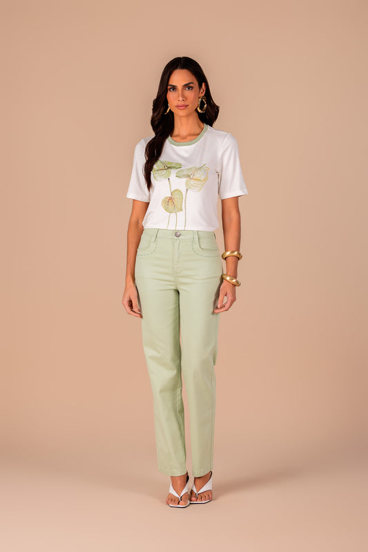 t-shirt malha manga curta estampada com tricot