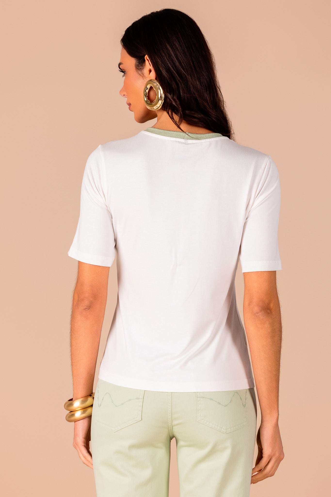 t-shirt malha manga curta estampada com tricot