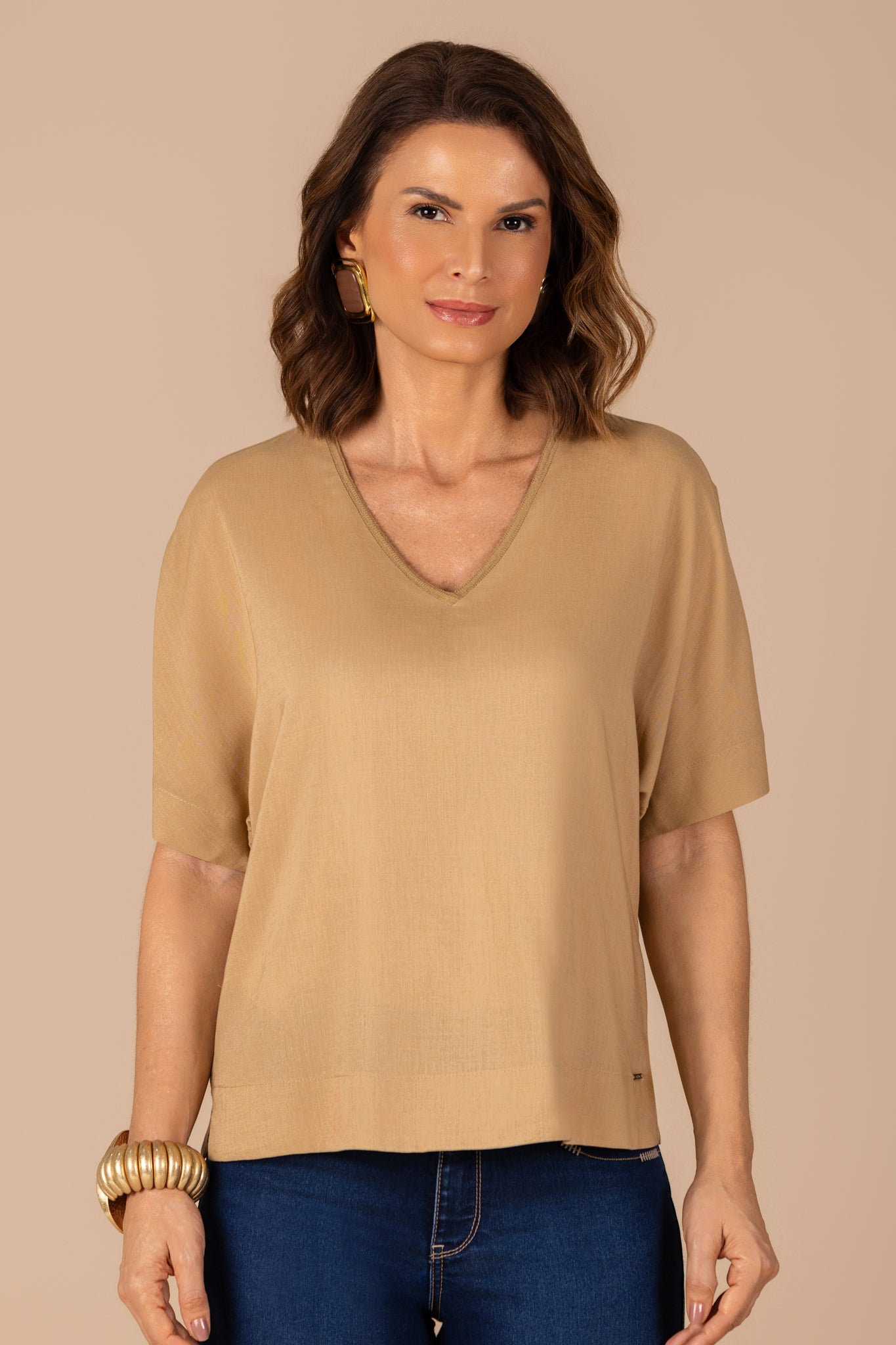 blusa viscose manga curta decote v com tricot