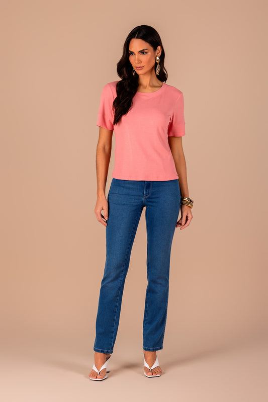 t-shirt malha canelada manga curta com punho