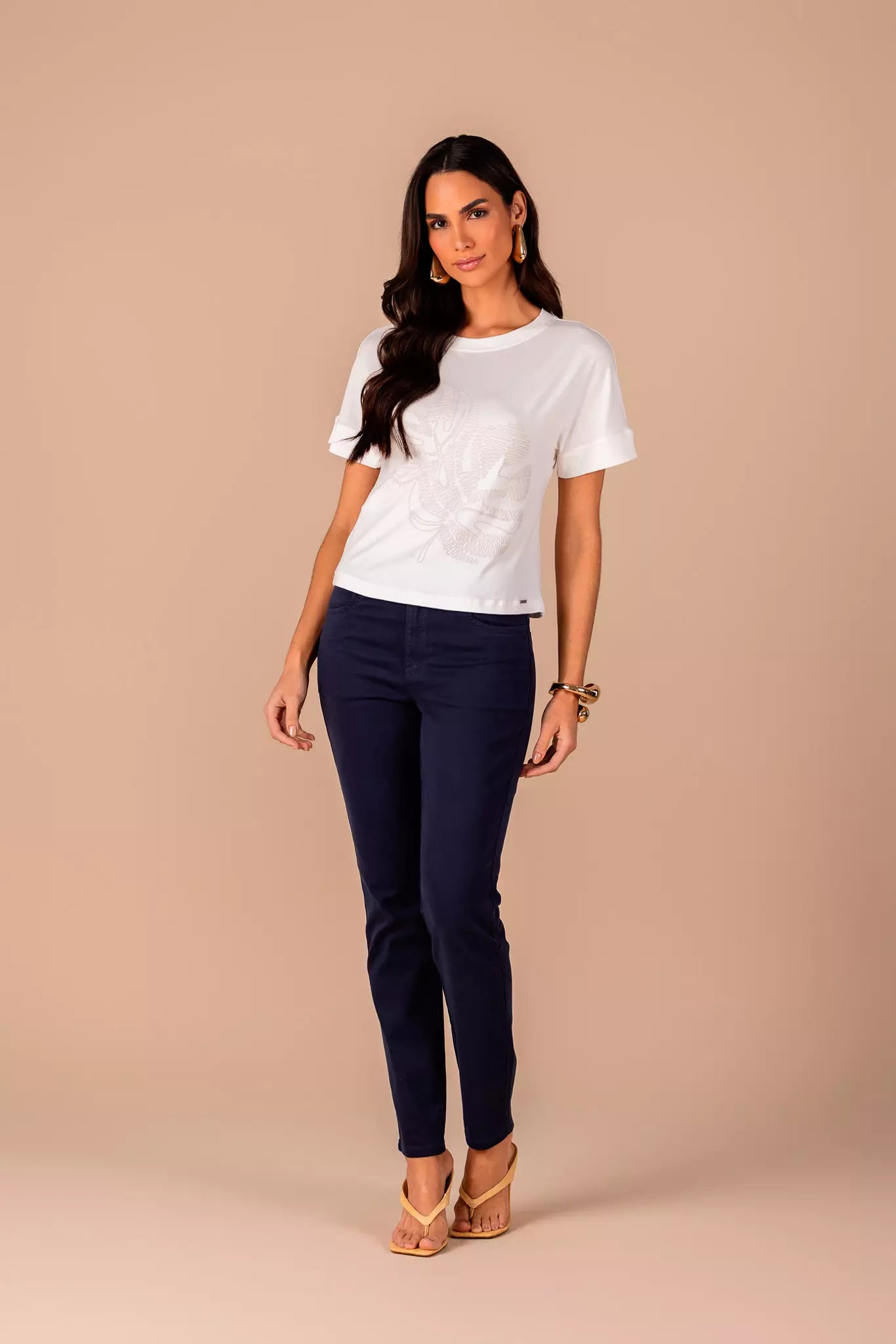 t-shirt malha manga curta estampada com mix de tecidos