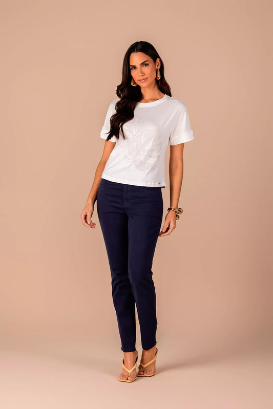 t-shirt malha manga curta estampada com mix de tecidos