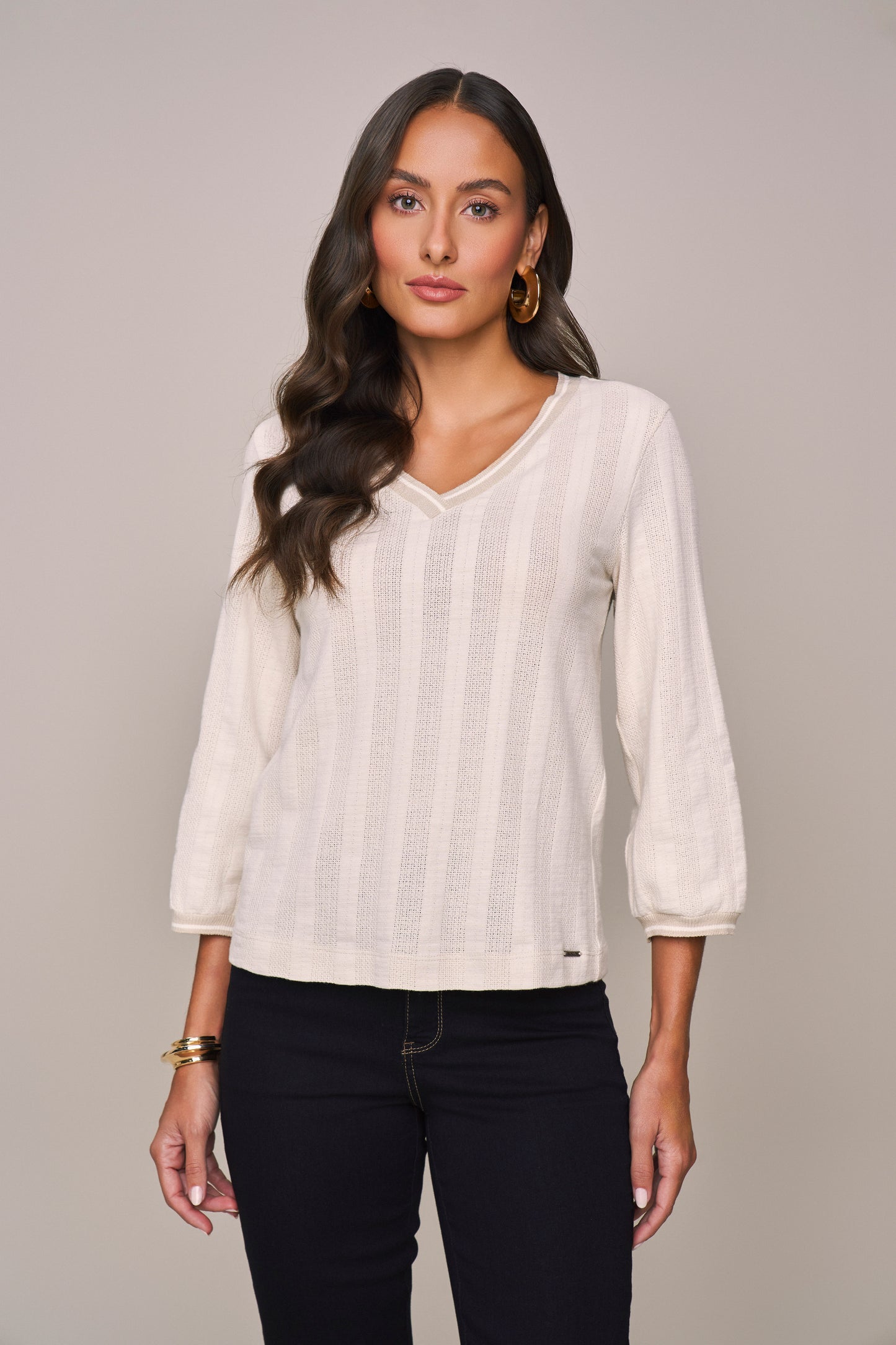blusa malha manga 7/8 gola v com tricot