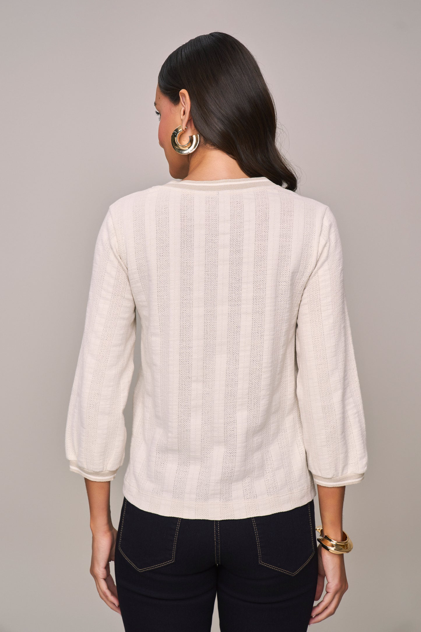blusa malha manga 7/8 gola v com tricot