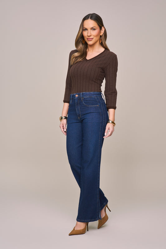 blusa malha canelada manga 3/4 com tricot