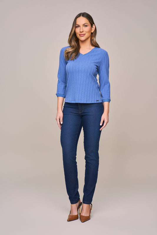 blusa malha canelada manga 3/4 com tricot