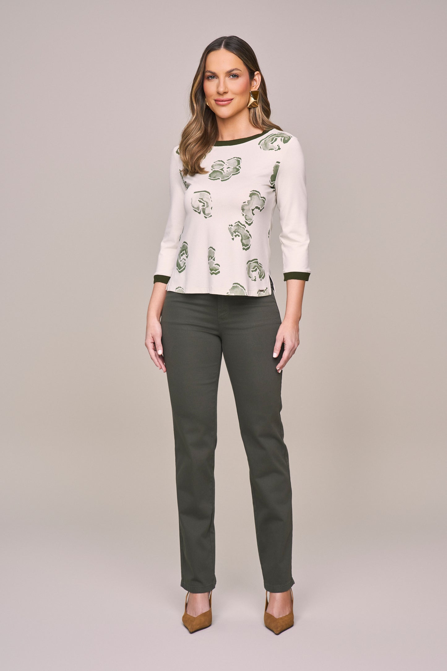 blusa malha manga 3/4 estampada com tricot